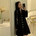 Stitched Pleated-hem Midi Dress Black - One Size