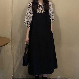 3/4-sleeve Leopard Print Blouse / Midi A-line Pinafore Dress