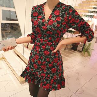 3/4-sleeve Rosette Mini Dress With Sash