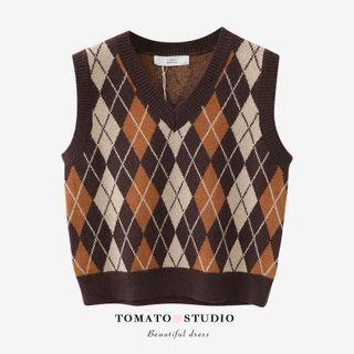 V-neck Plaid Color-block Cropped Vest
