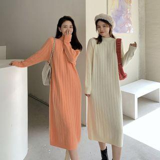Mock-neck Plain Midi Knit Dress