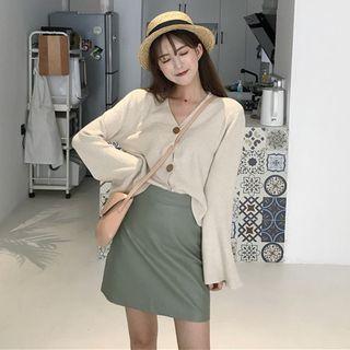 Bell-sleeve Light Open Knit Top / A-line Skirt