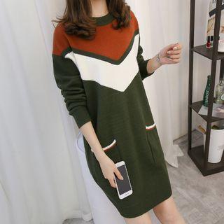Colour Block Long-sleeve V-neck Knit Top