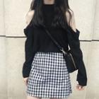 Set: Cold Shoulder T-shirt + Plaid Mini Skirt