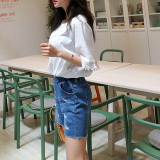 Fringed-sleeve Plain T-shirt