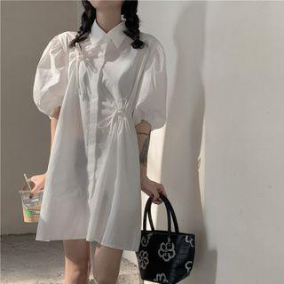 Puff-sleeve Cutout Mini Shirtdress White - One Size
