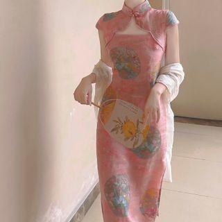 Cap-sleeve Print Midi Qipao Dress / Scarf