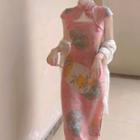 Cap-sleeve Print Midi Qipao Dress / Scarf