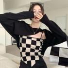 Irregular Cropped Sweatshirt / Checkered Camisole Top