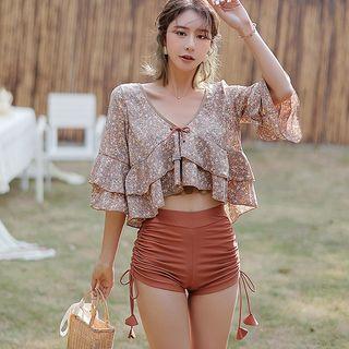 Set: Floral Cover-up Jacket + Bikini Top + Swim Skirt