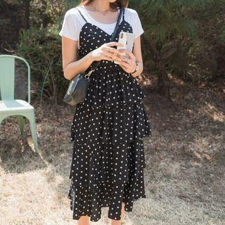 Set: Plain T-shirt + Polka-dot Layered Pinafore Dress