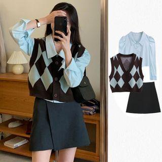 Set: Argyle Sweater Vest + Shirt + A-line Skirt