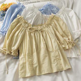 Off-shoulder Ruffled-trim Ribbon Loose Top