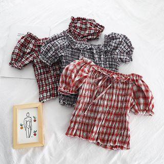 Off Shoulder Plaid Short-sleeve Top