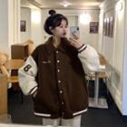 Lettering Two-tone Fleece Baseball Jacket