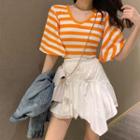 V-neck Striped T-shirt / Asymmetric Mini Skirt