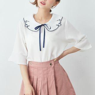 Elbow-sleeve Cat Embroidered Blouse
