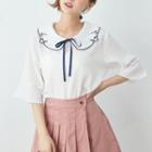 Elbow-sleeve Cat Embroidered Blouse