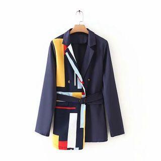 Abstract Print Panel Belted Blazer