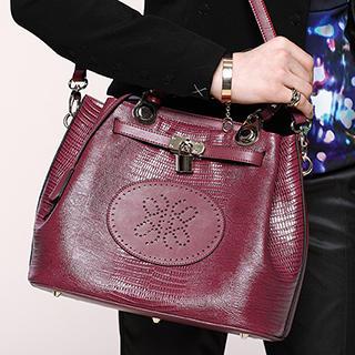 Genuine Leather Padlock-accent Bucket Bag Wine Red - One Size