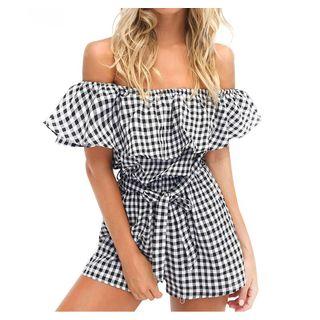 Plaid Off Shoulder Short Sleeve Playsuit