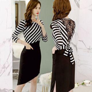 Mesh-back Striped Asymmetric Sheath Dress