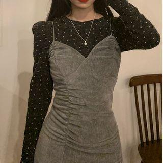 Dotted Blouse / Shirred Pinafore Dress