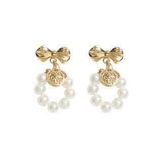 Alloy Bow Faux Pearl Hoop Dangle Earring