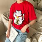 Fortune Cat Applique Short-sleeve T-shirt