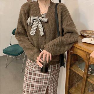 Long-sleeve Plaid Bow Knit Cardigan