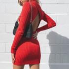 Long-sleeve Open-back Knit A-line Mini Dress