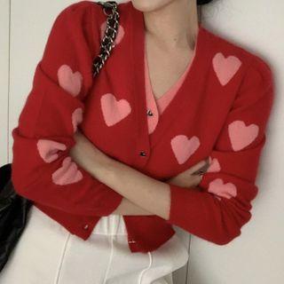 Mock Two-piece Heart Print Cropped Cardigan