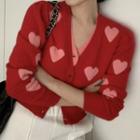 Mock Two-piece Heart Print Cropped Cardigan