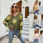 Long Sleeve Smile Pattern Distressed Knit Top