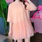 Elbow-sleeve Mesh Overlay Tiered Mini T-shirt Dress Orange Red - One Size