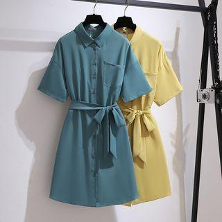 Short Sleeve Plain Tie-waist Shirt Dress
