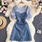 Mock Two-piece Puff-sleeve Ruched Dress