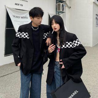 Couple Matching Checkerboard Panel Blazer / Straight Leg Jeans