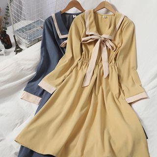 Ribbon Collared Long-sleeve Midi A-line Dress
