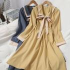 Ribbon Collared Long-sleeve Midi A-line Dress