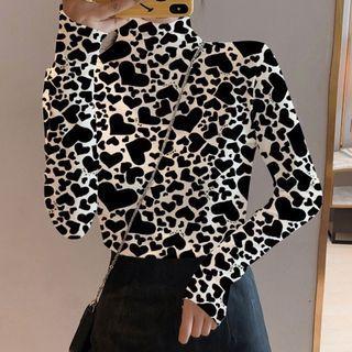 Mock-neck Long-sleeve Heart Print T-shirt