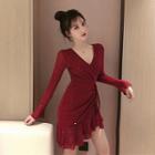 Long-sleeve V-neck Drawstring Dress
