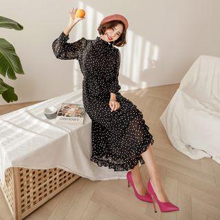 Tie-front Frilled-detail Dotted Long Dress