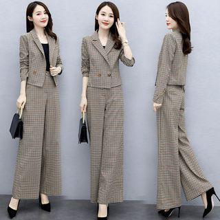 Set: Plaid Double-breasted Blazer + Wide-leg Pants