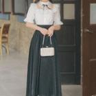 Set : Bow Lace Shirt + High-waist Skirt