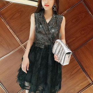 Sleeveless Lapel Sequined A-line Dress