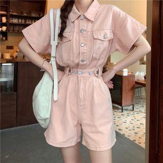 Short-sleeve Cargo Denim Romper
