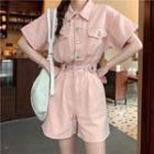 Short-sleeve Cargo Denim Romper