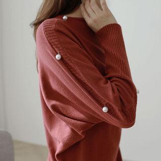 Faux-pearl Beaded Dolman-sleeve Knit Top