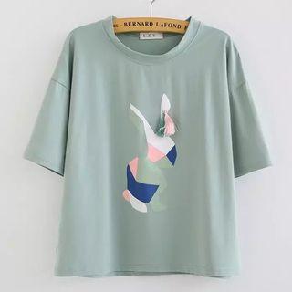 Tasseled Rabbit Print Short Sleeve T-shirt